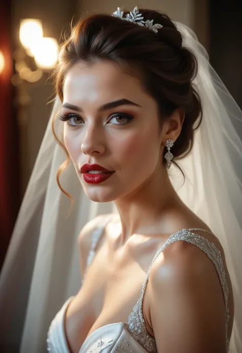 a beautiful woman in 1950's pinup style, detailed face, beautiful eyes, full lips, long eyelashes, elegant updo hairstyle, red lips, flawless skin, white wedding dress, posing seductively, flirting, full body view, dramatic lighting, cinematic composition,...