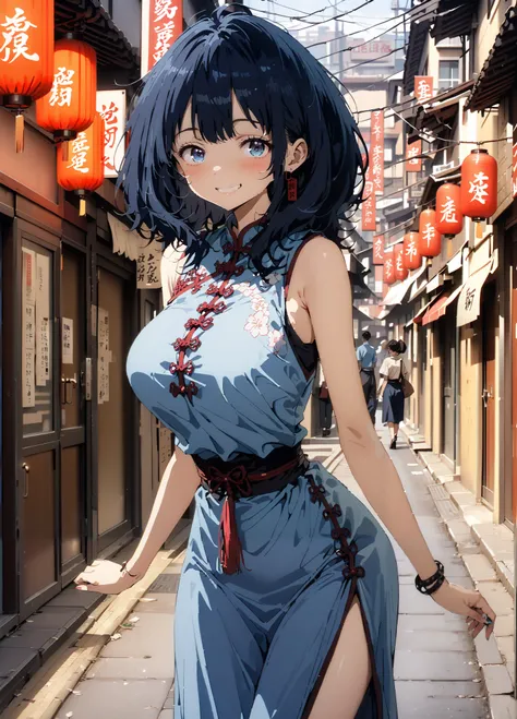 score_9, score_8_up, score_7_up,  source_anime, Anayanami ,Alone,  medium hair, blue eyes, stupid hair,  Lantern, medium chest, skirt,  shirt, Big Breasts,Blue sleeveless Chinese clothes,Long slit,pin heels,standing,Put your hands on your lower back,smile,...