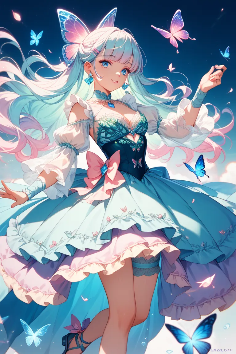 "ethereal fairycore outfit, sheer organza blouse with puffed sleeves, layered lace midi skirt, ballet-inspired wrap sandals, pearl-embellished hair clips, butterfly-shaped crystal earrings, pastel color palette, delicate and dreamy aesthetics"