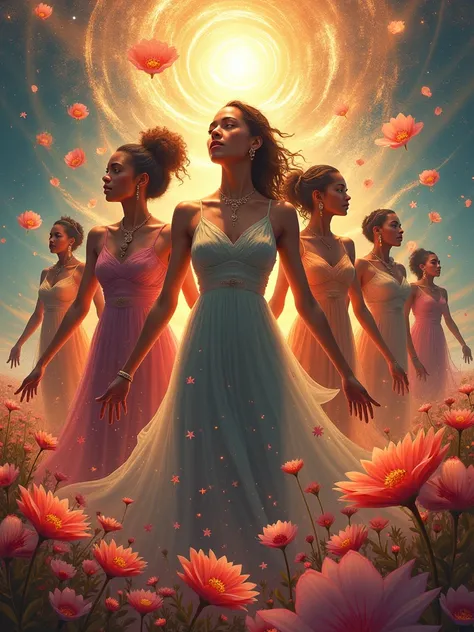 A vibrant digital artwork celebrating the strength and grace of women across cultures. A surreal composition featuring a diverse group of women, glowing with radiant energy, surrounded by blooming flowers symbolizing empowerment. Elements of cosmic light s...