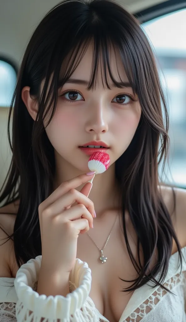 Separate the, （8k、Raw photo、highest quality、masterpiece：1.2),(long bob cut),looking at the viewer,Looking at the front,sexy pose, smile,erotic,student,white skin,knees,absurd,small face,front hair you are licking while holding the hard candy from the middl...