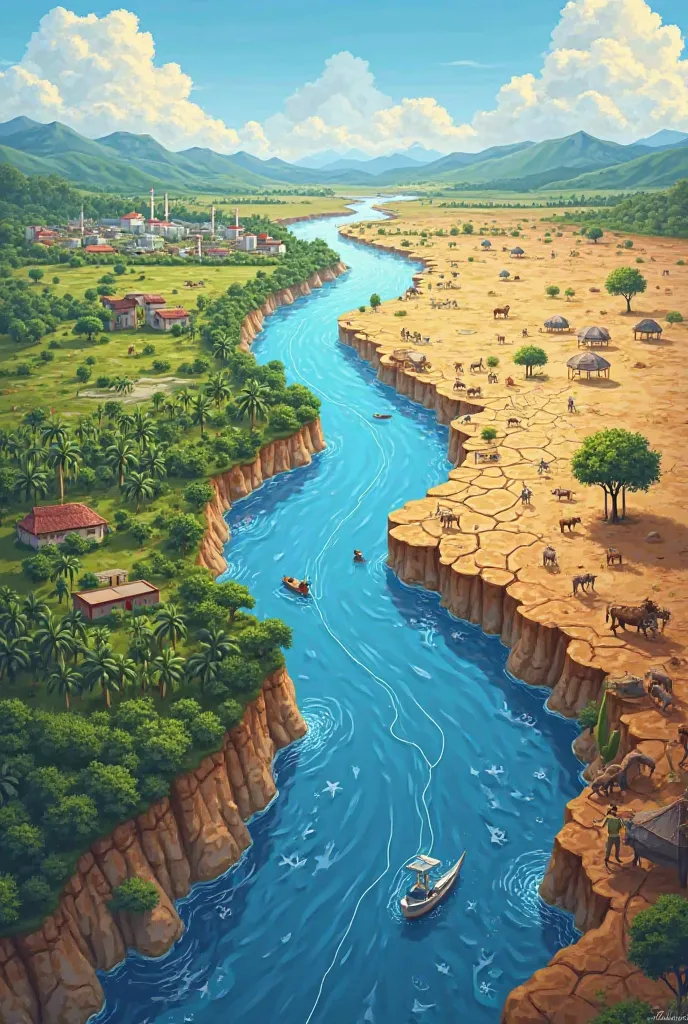 
"A conceptual illustration depicting a stark contrast between two sides of a river. On one side, there is lush greenery, fertile fields, trees, industries, and a thriving community with abundant water. On the other side, there is drought, barren cracked l...