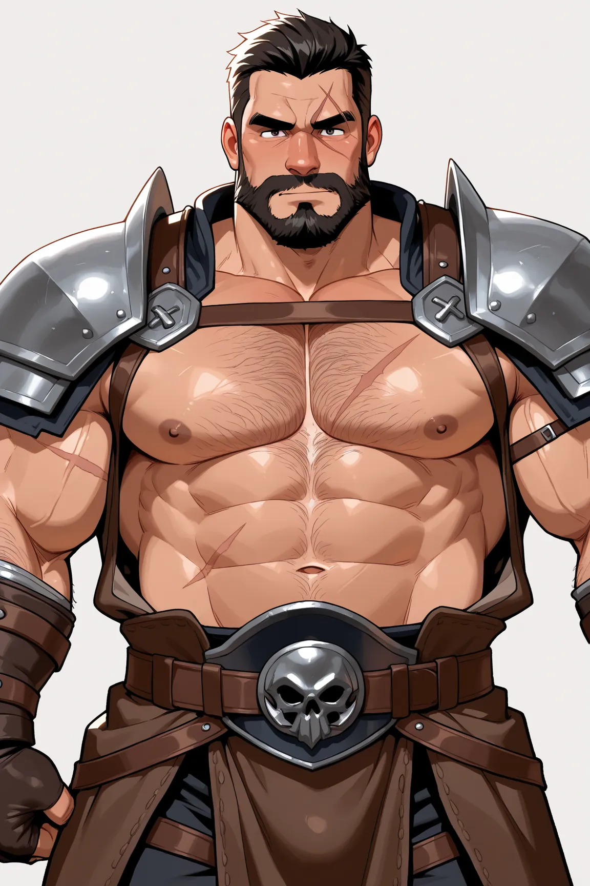 1man, solo, Masterpiece, macho mature daddy, hairy chest, scar, warrior clothes