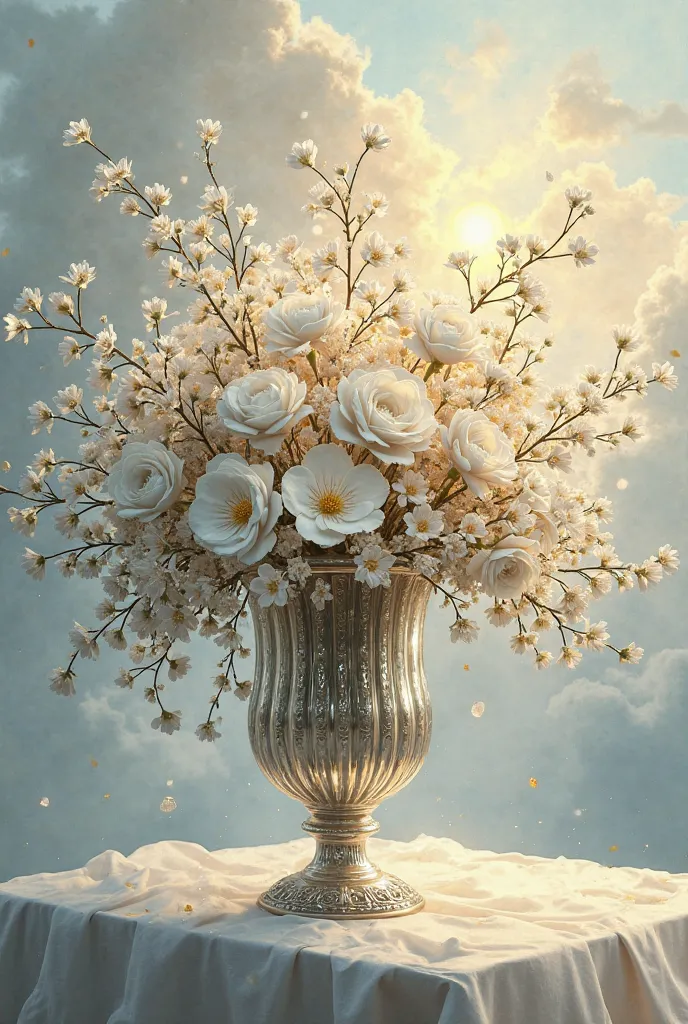 a luxurious bouquet of silver acacia in an elegant vase, sun, light clouds, oil painting