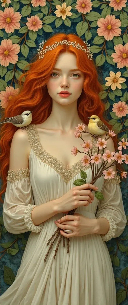 Art Nouveau painting depicting a charming woman of Slavic nature in a white dress in the image of spring, she has light refined facial features, striking in their unusualness, long red hair, in her hands she holds a flowering branch, on which sit birds, on...