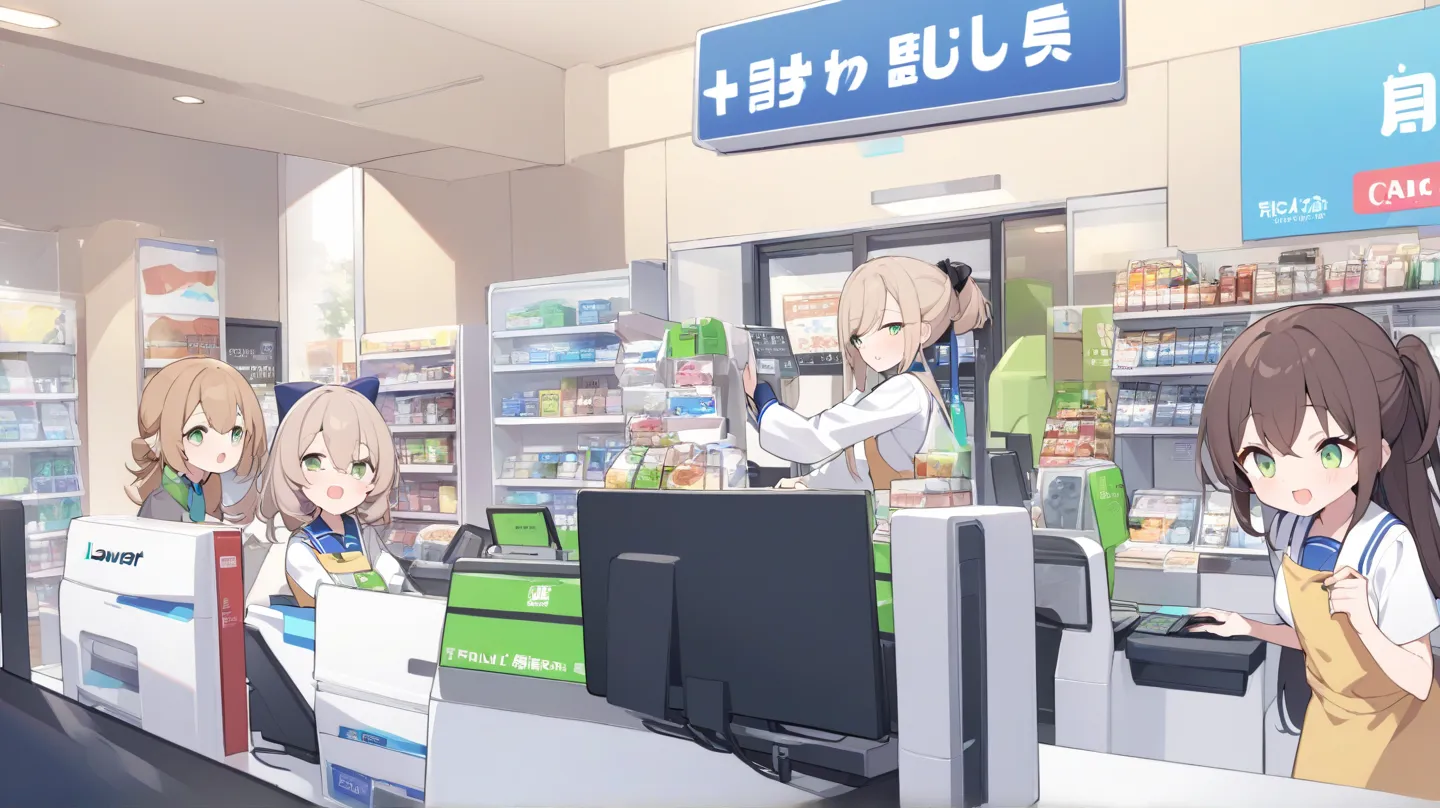 Girl working at convenience store、is facing the front、Combine FamilyMart uniforms with Lawson uniforms、Standing still、(female college student)、 no background、hair brown、Light green eyes、Semi-long hairstyle、half up、A  with an energetic personality、The perso...