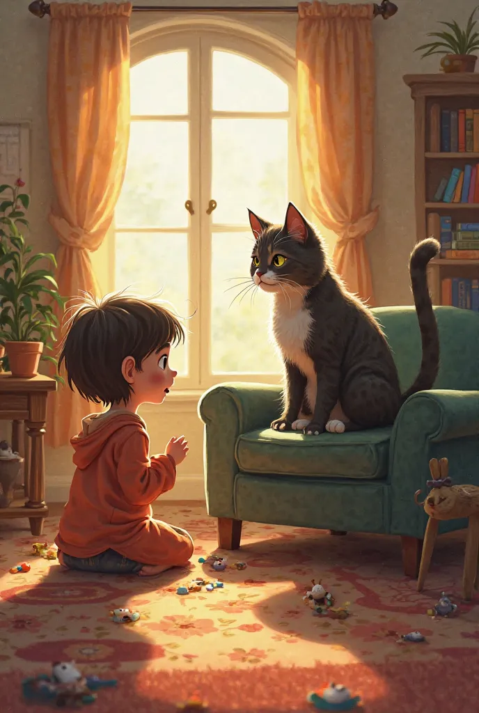 Title: The Talking Cat and the Curious s

Characters:

Whiskers (a talking cat)

Lily (curious girl)

Max (curious boy)


Setting: A cozy living room with a couch, books, and a small table. Whiskers sits on a chair, looking wise and playful.


---

[Openin...