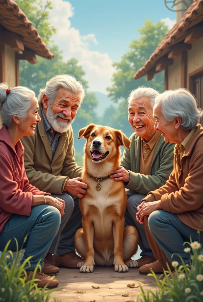 In a village many old people around a dog and feel happy