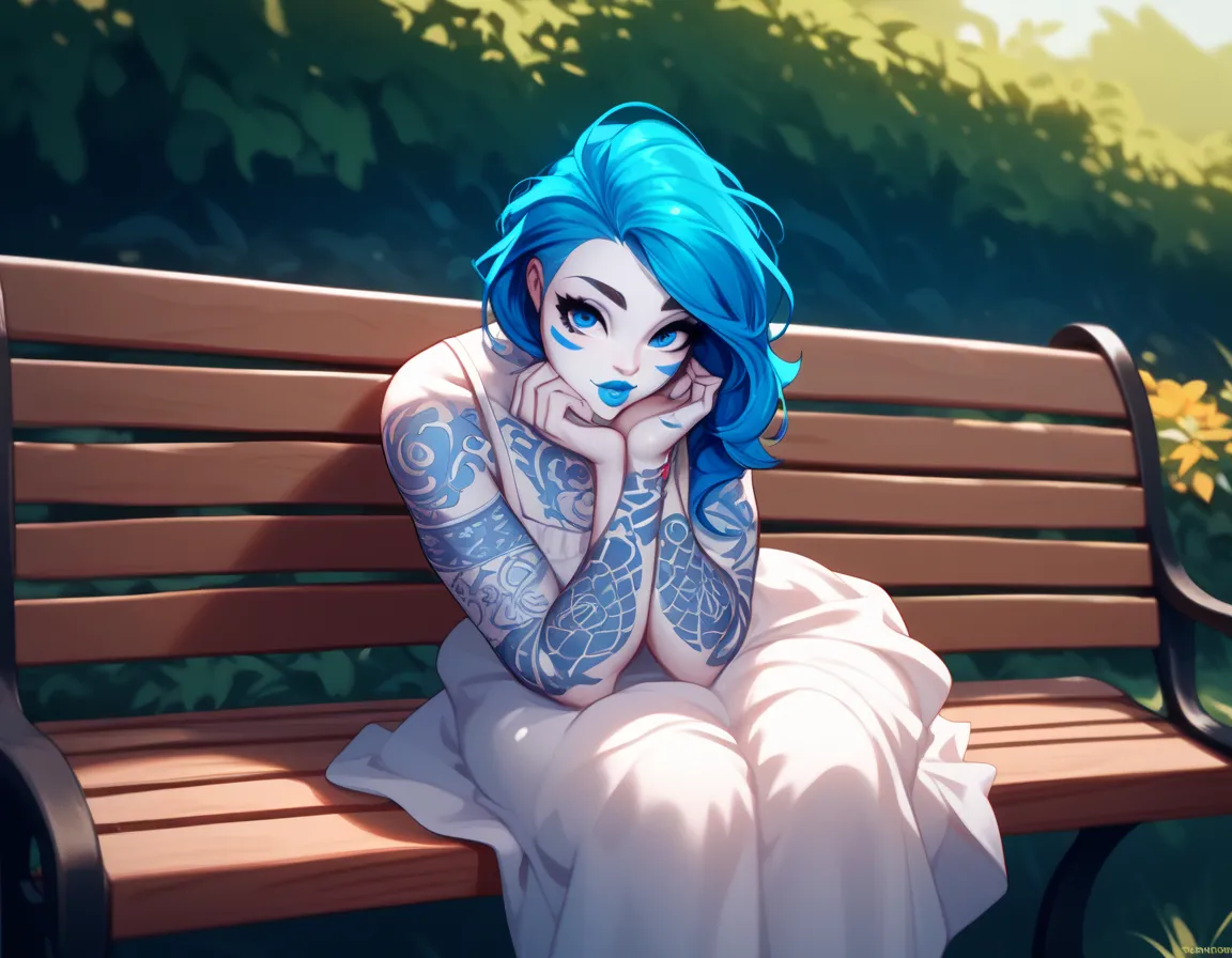 Jarael, alabaster white skin, blue tattoos, facial mark, blue lips, wearing a cute sundress, sitting on a park bench, leaning forward, hands between her legs, looking wistfully into the distance