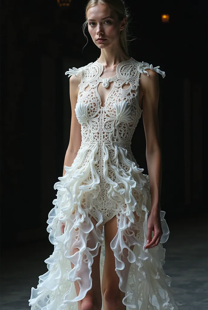 A futuristic avant-garde dress designed with intricate, organic 3D-printed structures. The dress is composed of delicate, wave-like patterns with a symmetrical fractal-inspired design. Its texture resembles biomorphic coral structures, creating an elegant ...