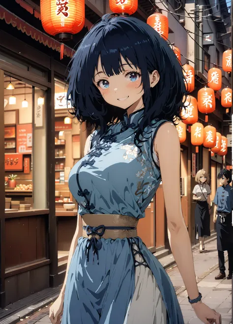 score_9, score_8_up, score_7_up,  source_anime, Anayanami ,Alone,  medium hair, blue eyes, stupid hair,  Lantern, medium chest, skirt,  shirt, Big Breasts,Blue sleeveless Chinese clothes,Long slit,pin heels,standing,Put your hands on your lower back,smile,...