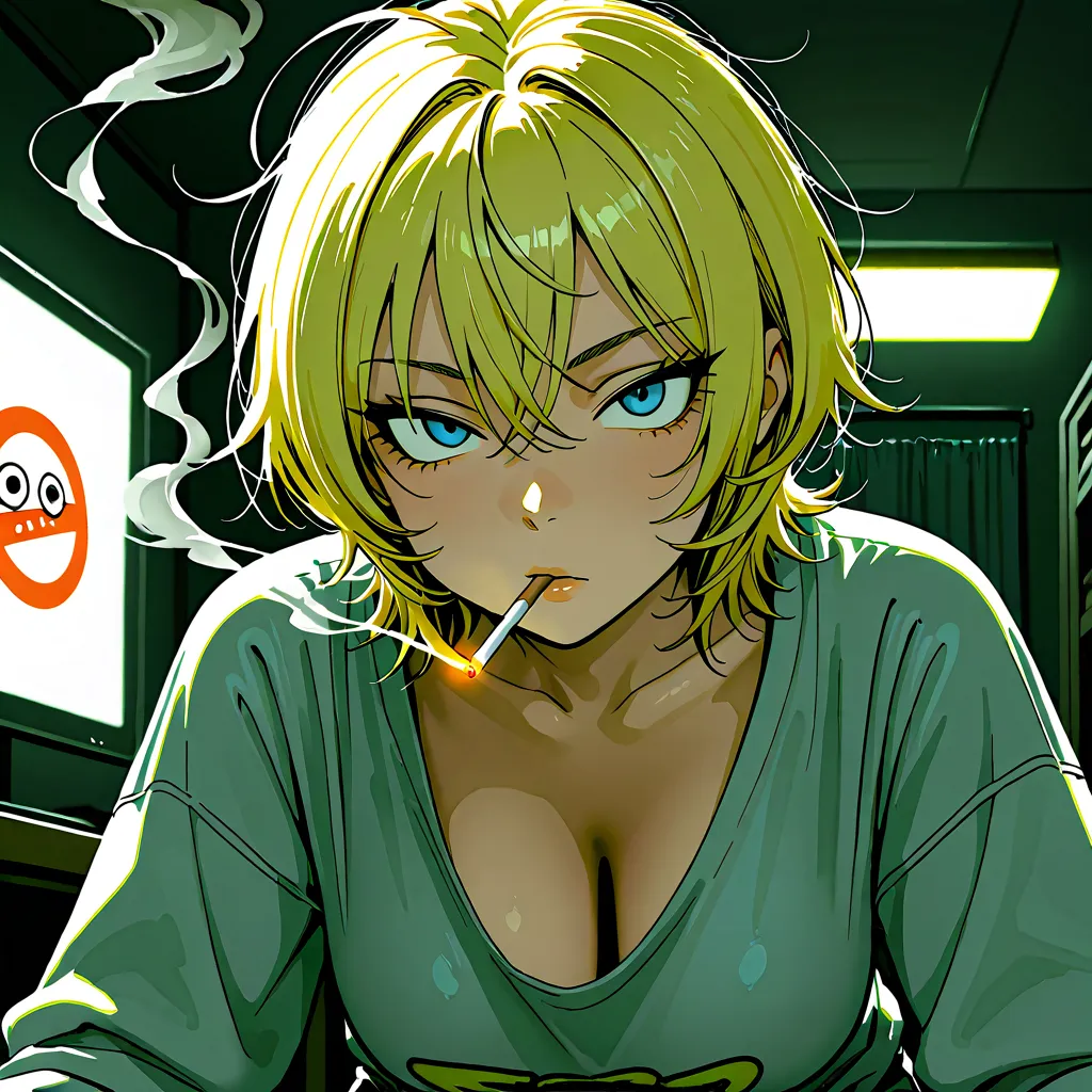 hanging eye, cigarette, smoking, smoke, blonde hair, blue eyes, short hair, breasts, ((wolf cut)), loose fit, 24 years old, glamour, messy hair, slant eyes、tsurime ,  Sanpaku, large size sweatshirt, , masterpiece, UHD, anatomically correct, super detail, h...