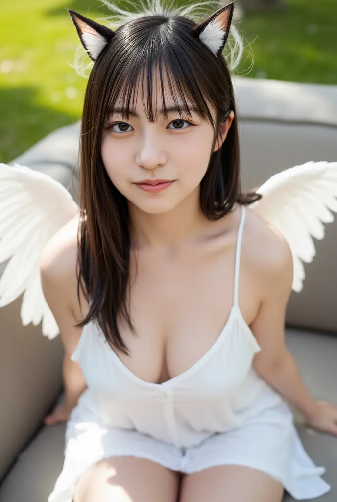 Create a beautiful 17-year-old high school girl, cute junior loli girls, black long hair, two-tone haircut, silver highlights hair, forehead long hair, perfect face, perfect body, perfect breasts, perfect face, perfect eyes, cat ears, wing, pinkish-white s...