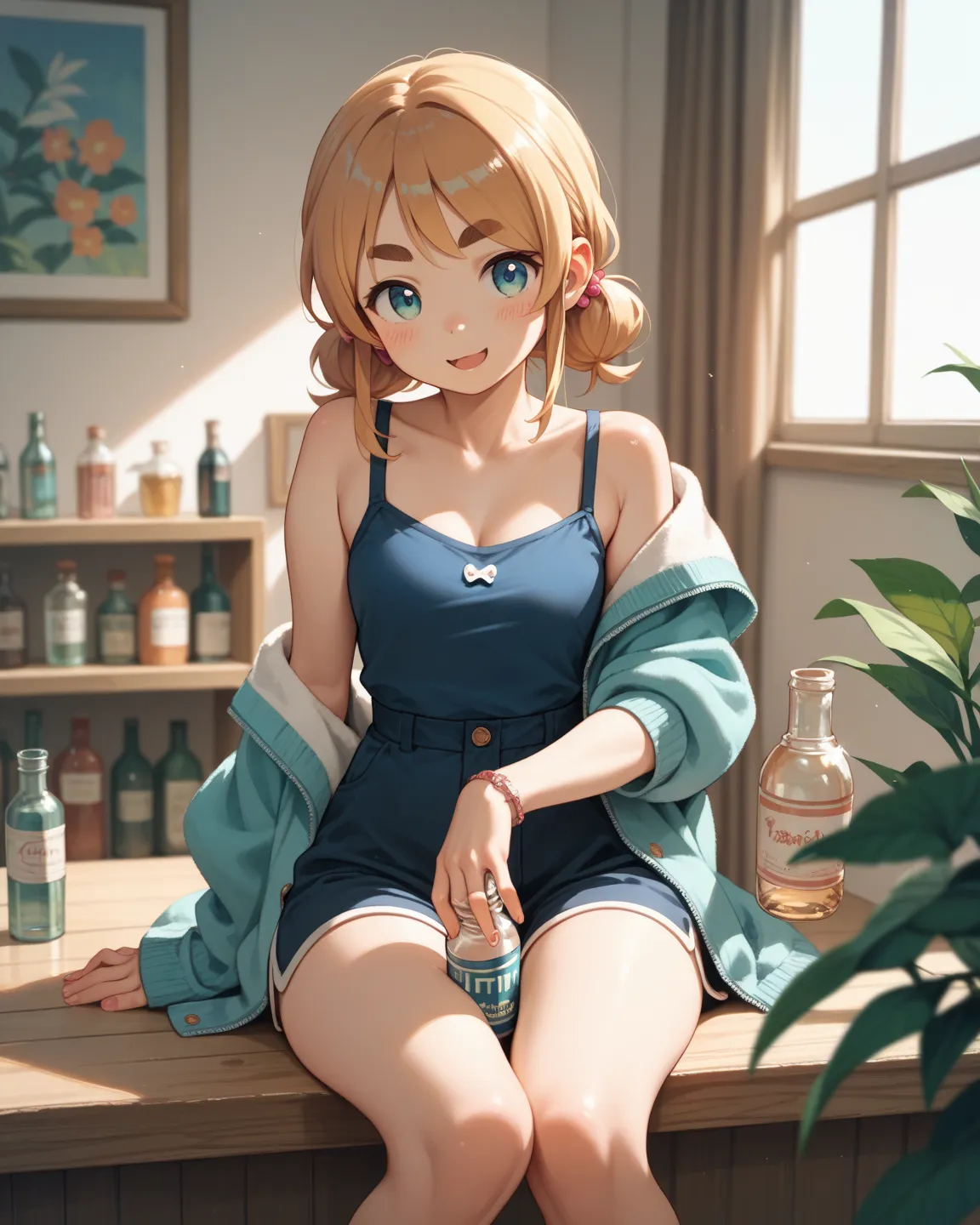 kawaii anime , petit girl , Thick eyebrows  , Hold the bottle between thighs , Shoulder , hip