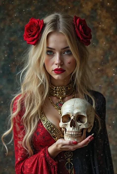 

Pomba Gira Rosa Caveira:

The right side is that of a beautiful woman with fair skin, intense heavenly eyes and long, loose blond hair.
The left side is a real skull symbolizing your connection to the spirit world and death is , mysterious and seductive ...