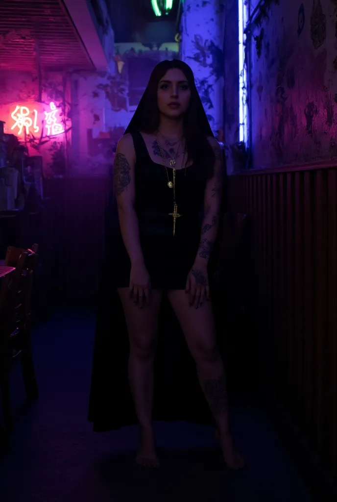 Full body view of a young beautiful tattooed nun with a modern twist. She wears traditional nun attire with a bordeaux veil, her hands adorned with intricate tattoos. Barefoot. Her expression is defiant. Action dramatic pose. She wears a large gold cross n...