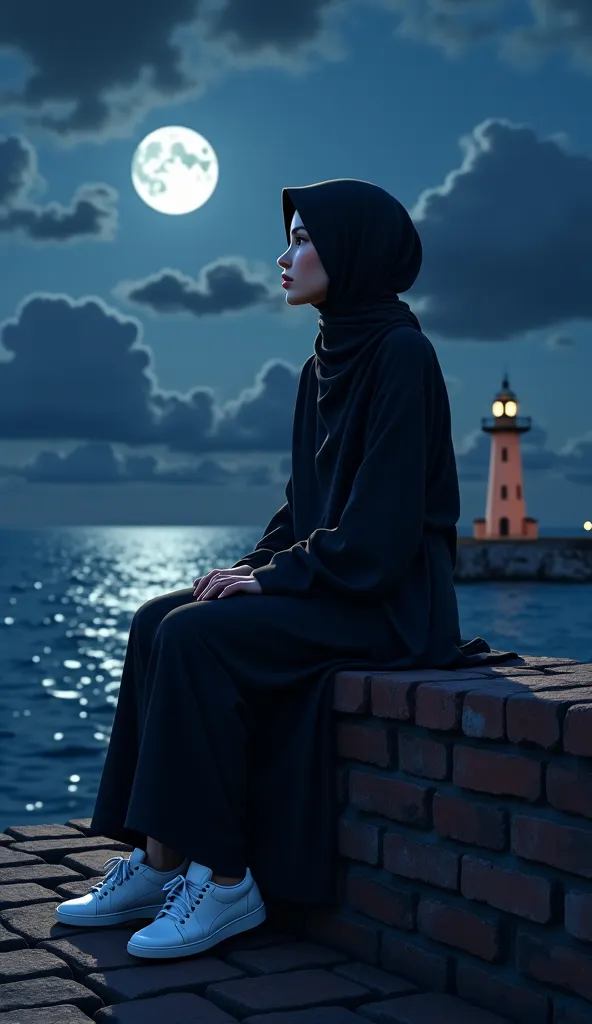 "  The main subject is a woman sitting on a brick wall which is the main focus of the image. wearing a long black hijab, niqab, and abaya. and white sneakers made from shiny leather, Niqab is an Islamic garment that covers the face, so that only the eyes a...