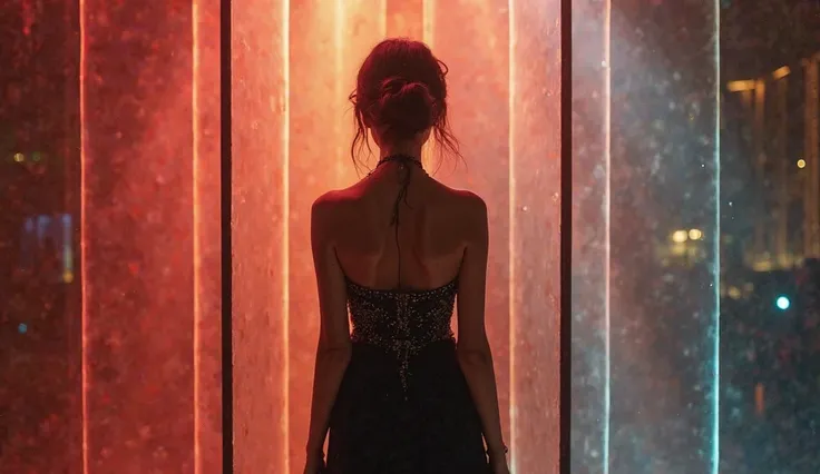 The backside of a beautiful Thai woman, twentysomething, with a messy low chic chignon low bun hairstyle. She wears a gorgeous black velvet dress, halter dress, an unrevealing polite style,  dotted with tiny crystals, low knee length. Her graceful figure w...