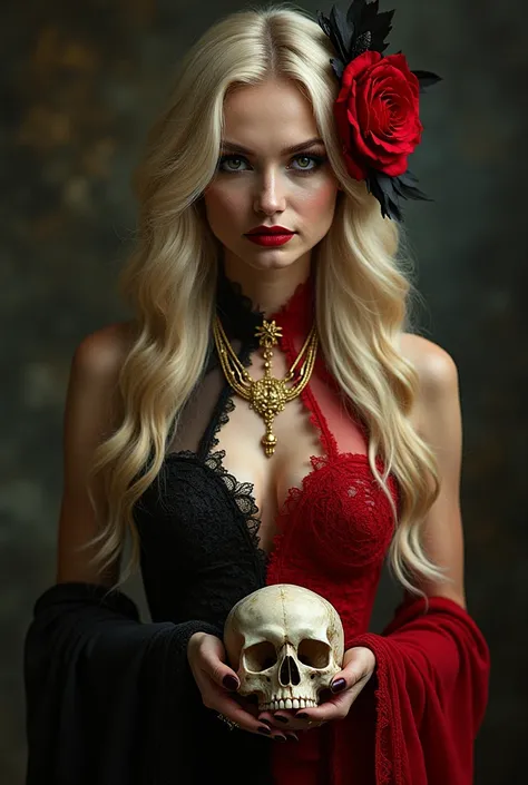 

Pomba Gira Rosa Caveira:

The right side is that of a beautiful woman with fair skin, intense heavenly eyes and long, loose blond hair.
The left side is a real skull symbolizing your connection to the spirit world and death is , mysterious and seductive ...