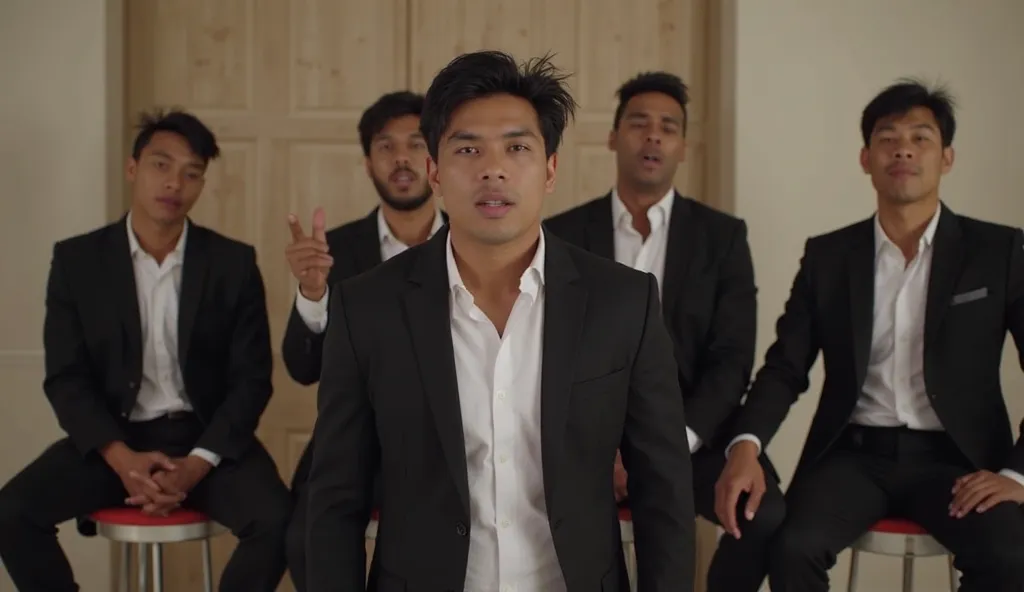  4 male singers, recording a video for a clip, The background of the image is a common residence, without a lot of details, The two singers in the center are standing, one of them a little further ahead, And the other with his right hand on the other's lef...