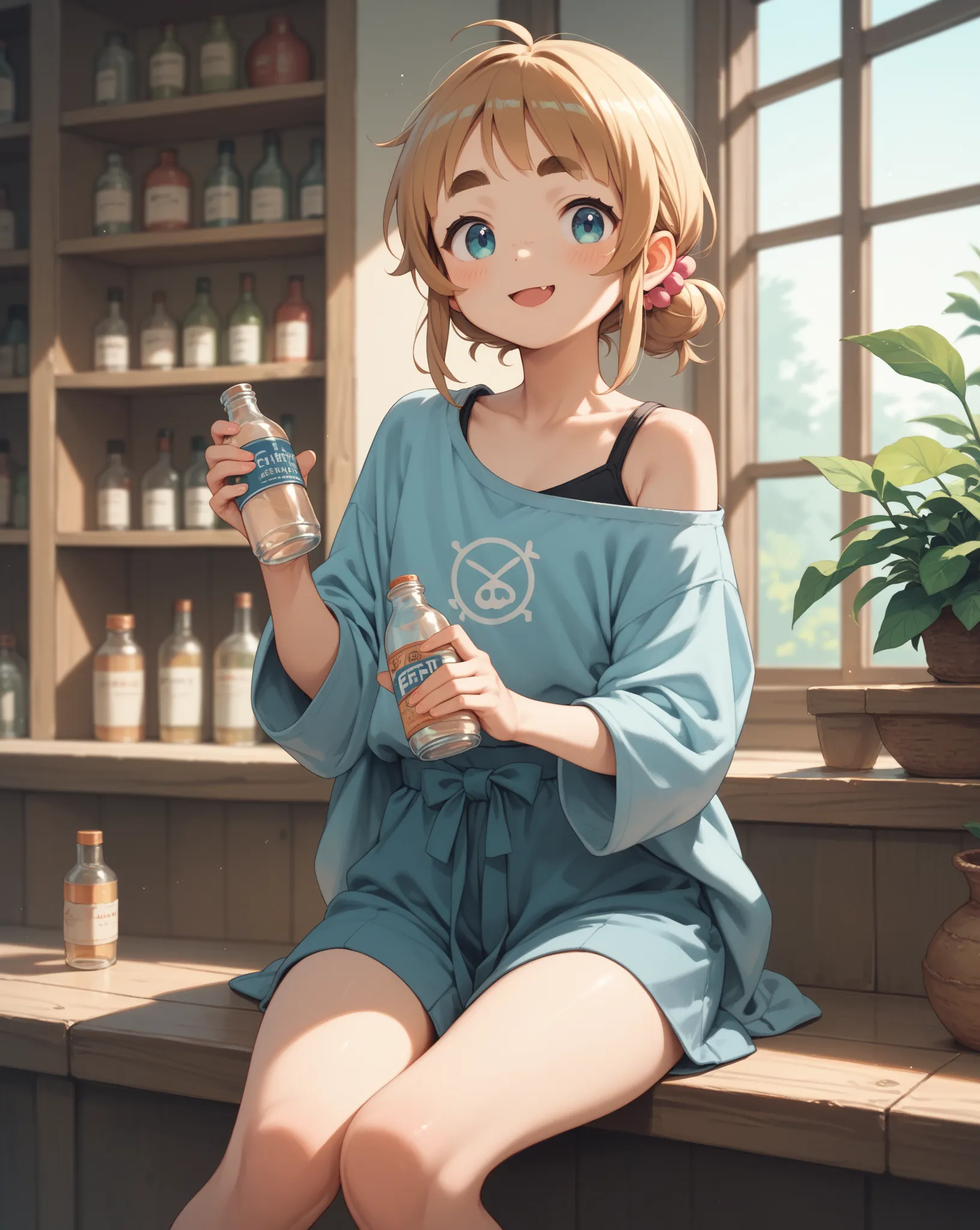 kawaii anime , petit girl , Thick eyebrows  , Hold the bottle between thighs , Shoulder , hip