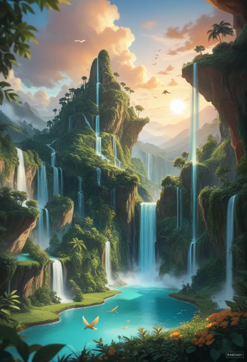 Floating Waterfalls of the Sky Isles – Imagine a breathtaking floating island in the sky, covered in lush greenery and waterfalls that flow into the clouds. The sun sets behind the misty horizon, casting a golden glow, while birds with glowing feathers soa...