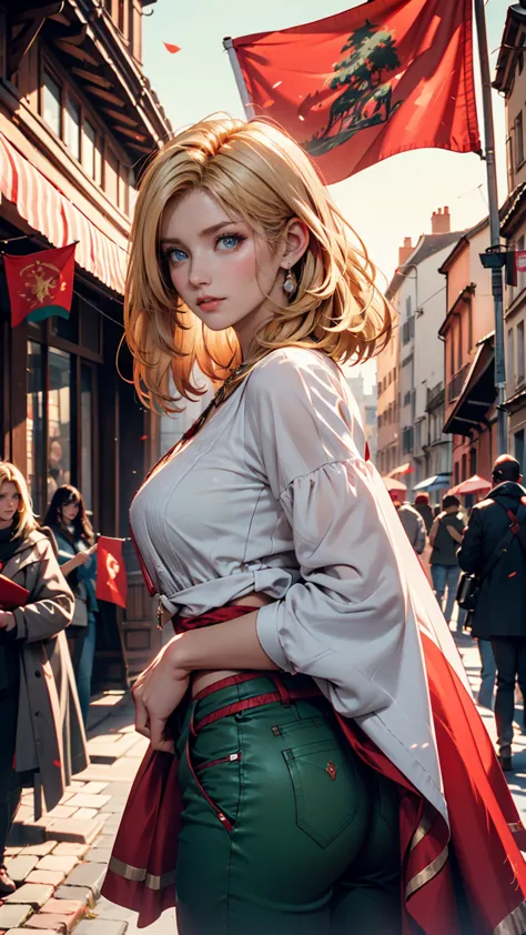 a lot, Front , portrait, Blond woman with medium length hair, outdoor, backlight, Soft light, Medieval,  France, holding red flag,  on the forehead, red, green, white, pants