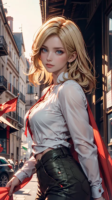 a lot, Front , portrait, Blond woman with medium length hair, outdoor, backlight, Soft light, Medieval,  France, holding red flag,  on the forehead, red, green, white, pants