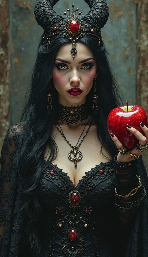 chica,long black hair，black queen，accessories，apple in hand，Poisoned Apples，witch queen，red lipstick