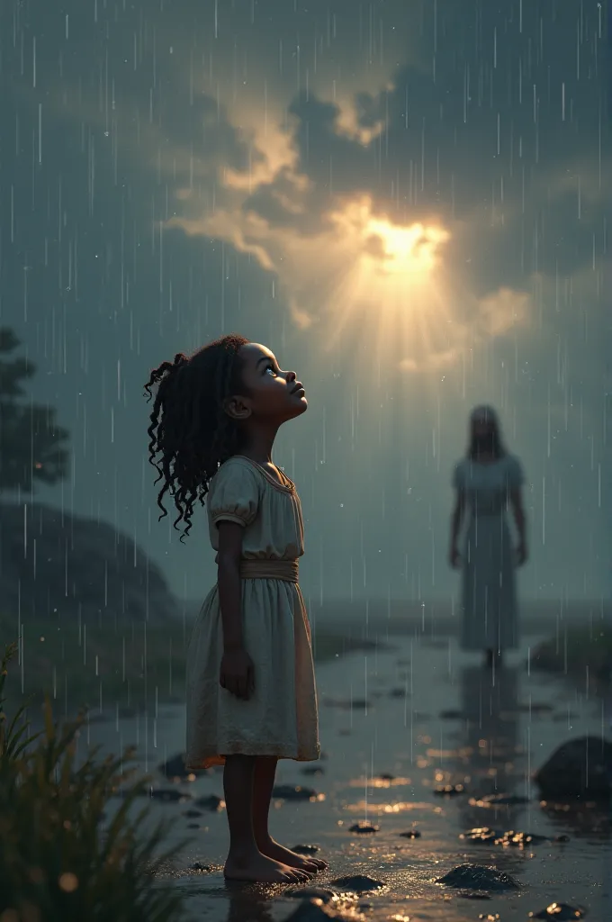 A age Black girl, around , stands in the rain, looking up at the sky with a peaceful smile. Jesus walks away in the distance, disappearing calmly. The cloudy night sky begins to open, revealing a soft beam of light. Raindrops still fall, but the moment fee...