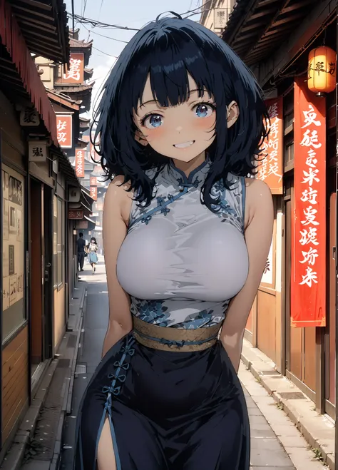 score_9, score_8_up, score_7_up,  source_anime, Anayanami ,  medium hair, blue eyes, stupid hair,  Lantern, medium chest, skirt,  shirt, Big Breasts,Blue sleeveless Chinese clothes,Long slit,pin heels,standing,Put your hands on your lower back,smile,blush,...
