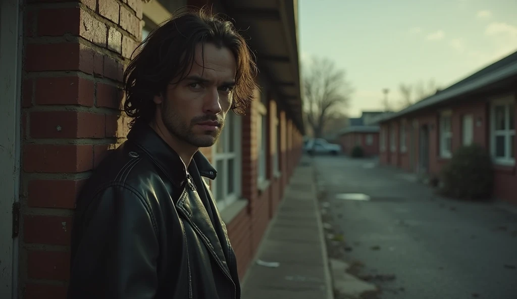 "A dimly lit alley behind a rundown motel. Marcus Hart, a brooding man in his early 30s, leans against a brick wall, a cigarette dangling from his lips. His leather jacket is worn, and his dark, unkempt hair falls into his eyes. The sunlight barely reaches...