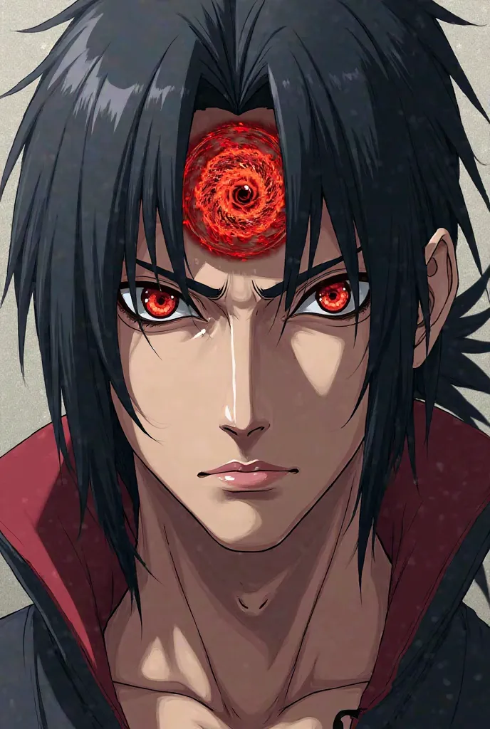 create an ultra-realistic HD face image of itachi uchiha with active mangekyou sharingan