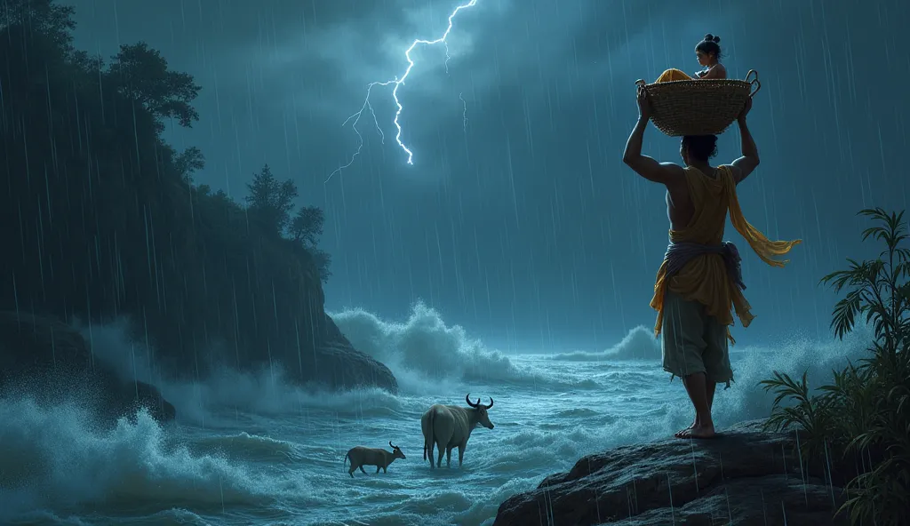 "A mythological digital painting capturing the scene where Vasudeva transports the  Krishna across the turbulent Yamuna River on a stormy night. The composition should depict:

Setting: A dark, tempestuous night with heavy rain pouring down, lightning illu...