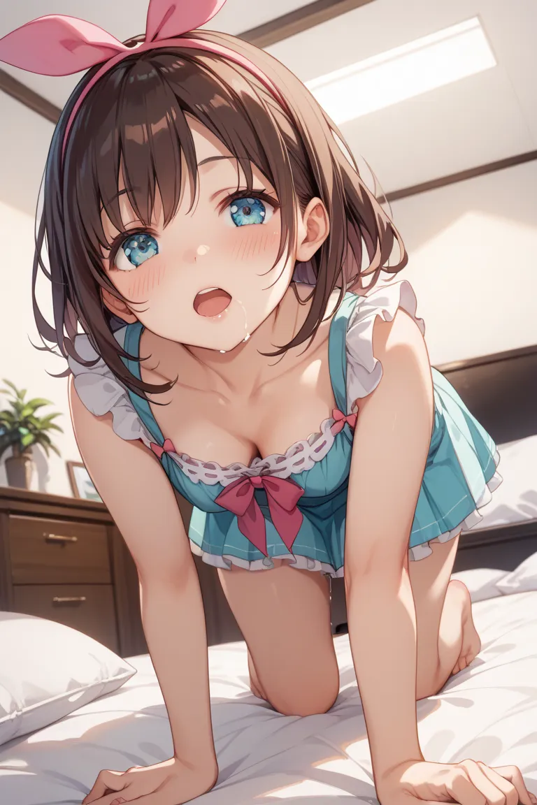 Young Kizuna Ai、dark brown hair color、blouse、skirt、blush、bed、Chest、Love juice、on all fours、low angle、head、front、Turn your face over here and look down、facial hyper-door、 reach over here、 before my husband