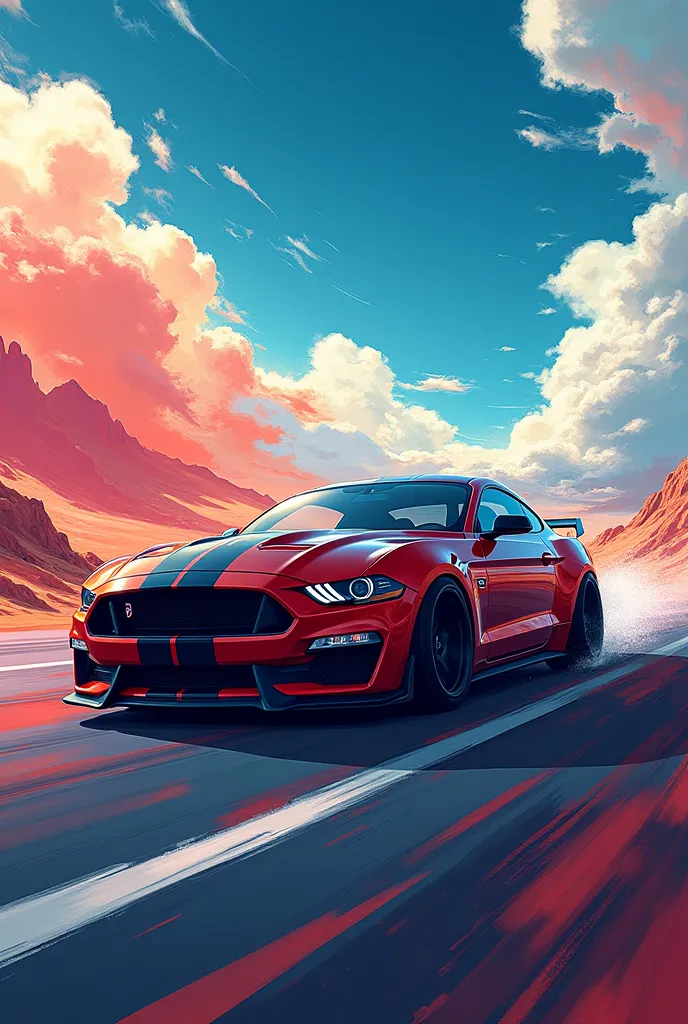 Make a wallpaper of Mustang GT in anime type background in 4k 