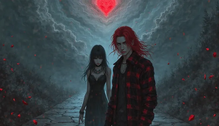 A haunting yet beautiful gothic-style illustration featuring ArkhangeL and the young woman from your stories. ArkhangeL stands in the foreground, his long red hair flowing in the wind, dressed in his signature black and red flannel. His piercing blue eyes ...