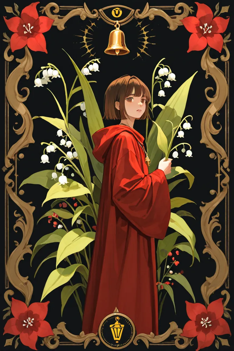 Young boy, with short brown hair and bangs, warning a red robe with a hoode, and a golden bell necklace, a background of plants, with few lilies of the valley flowers, and tiny red flowers, sketchy, dream aesthetic.