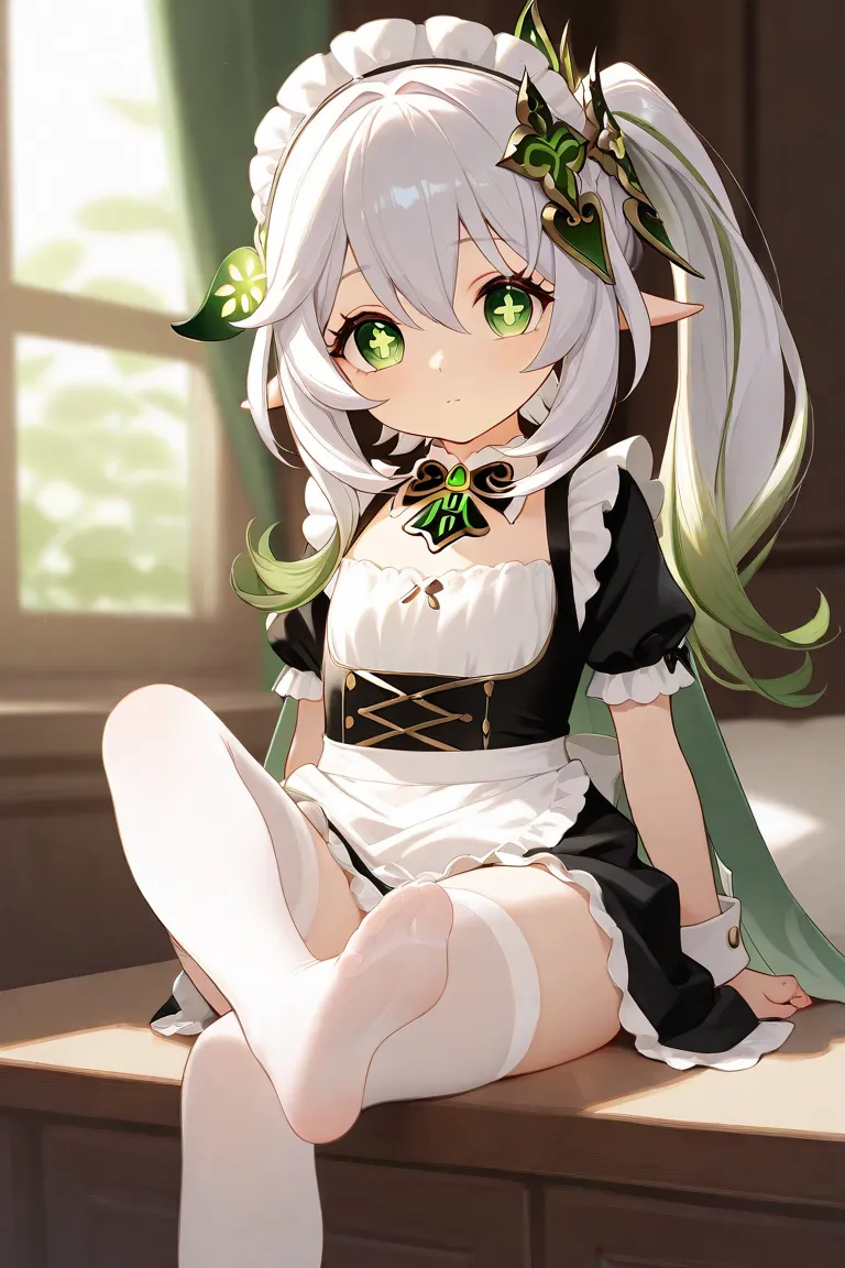 masterpiece, the best quality, 1 girl, Alone , Nahida_Genshin, cross shaped pupils, maid costume, green cape,  of foot