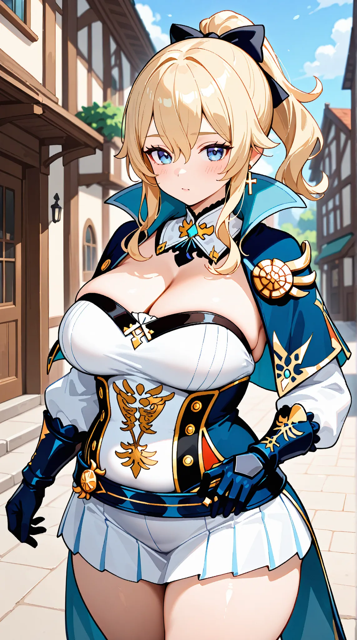  jean (genshin impact), 1girl, solo, long hair, looking at viewer, blue eyes, blonde hair, gloves, jewelry, large breasts, thick thighs, ponytail, hair bow, detached sleeves, strapless, capelet, belt, tight clothes, cross earrings, coattails, outdoors, chu...