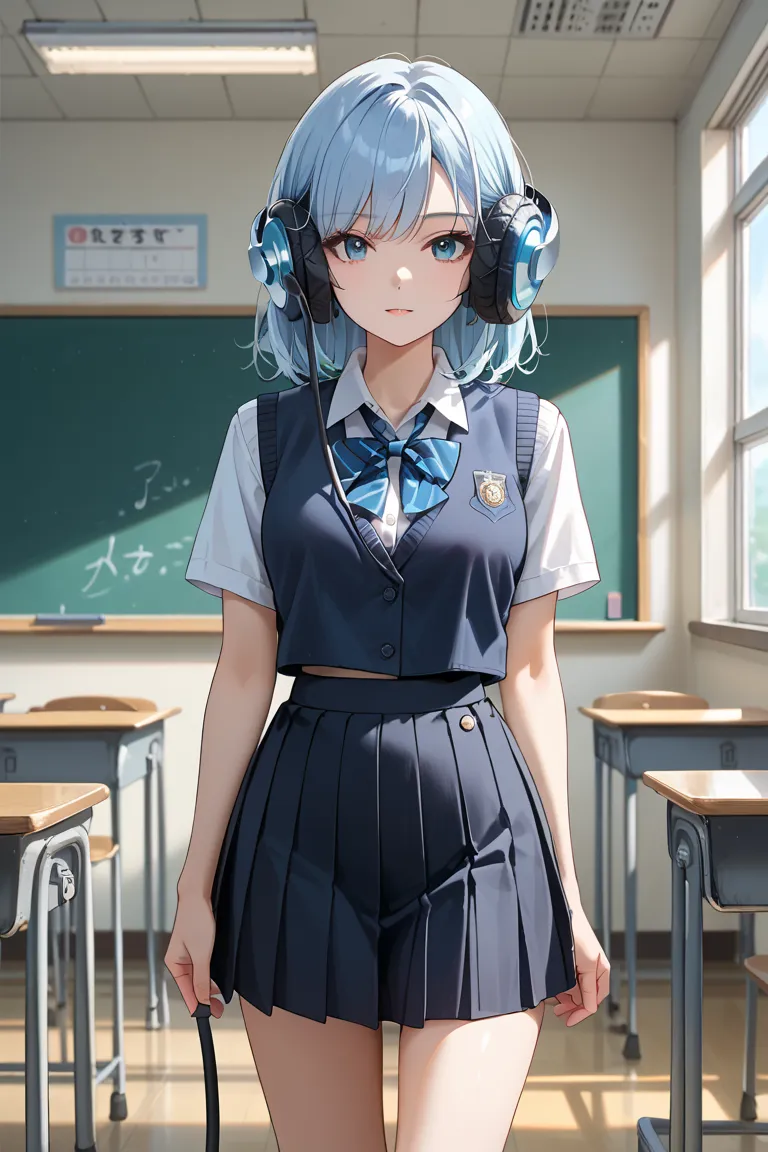 score_9, score_8, score_7, fancy fixes, accurately in viewer, masterpiece, top quality, source anime, 
alone concentrated, fit girl, light blue hair, medium hair, natural bangs, blue eyes, school uniform, knit vest, black skirt, (headphones), (standing), m...