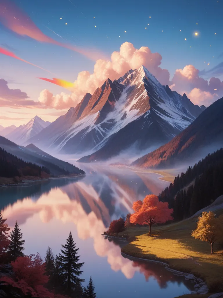 Rainbow Mountains and Floating Lanterns – A breathtaking valley where mountains are painted in vibrant rainbow hues. A river of liquid light flows between them, and thousands of floating lanterns rise into the twilight sky, creating a dreamlike, ethereal a...