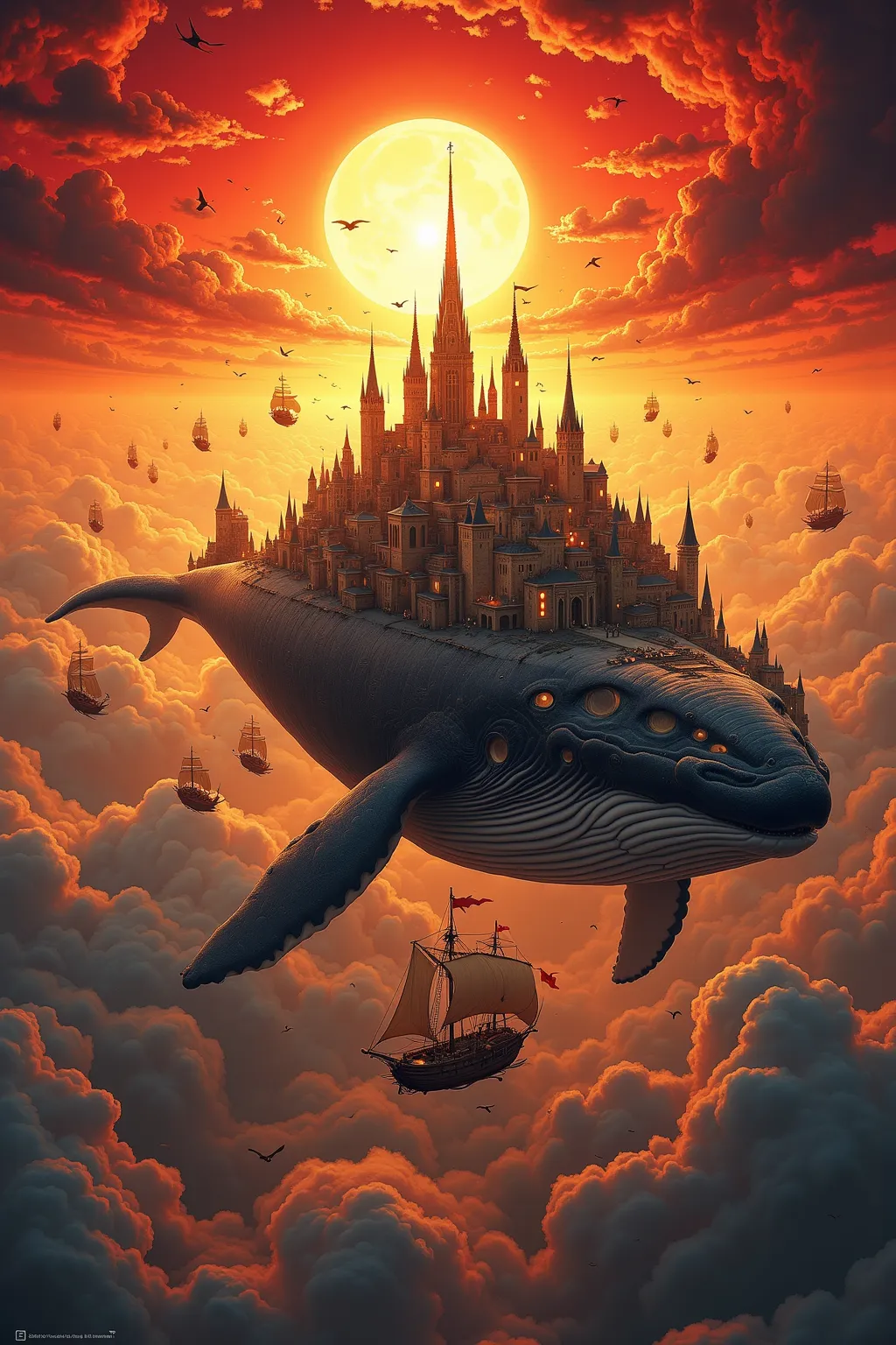 Under a tapestry woven with the deep red stretch of a setting sun, a tranquil colossus of the sky emerges—a humpback whale, each echoing call reverberating through the very vault of heaven. Upon its broad back rests a city, an architectural miracle, bathed...