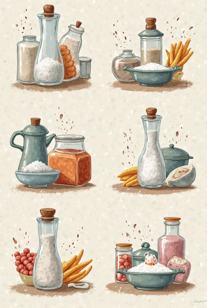 Images with symbols representing salt consumption in the kitchen and at the table
