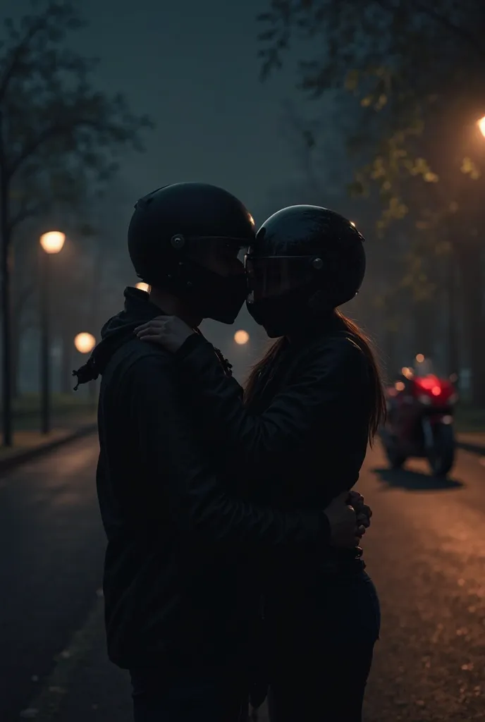 Engineer an image of two people who have a black motorcycle helmet wherever it is at night from a distance they are hugging each other and in the distance is a red Italian motorcycle 125 z