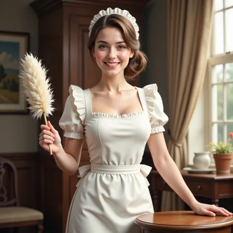 smiling housemaid hold duster wear apron