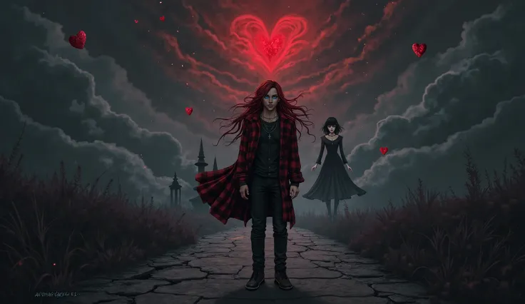 A haunting yet beautiful gothic-style illustration featuring ArkhangeL and the young woman from your stories. ArkhangeL stands in the foreground, his long red hair flowing in the wind, dressed in his signature black and red flannel. His piercing blue eyes ...