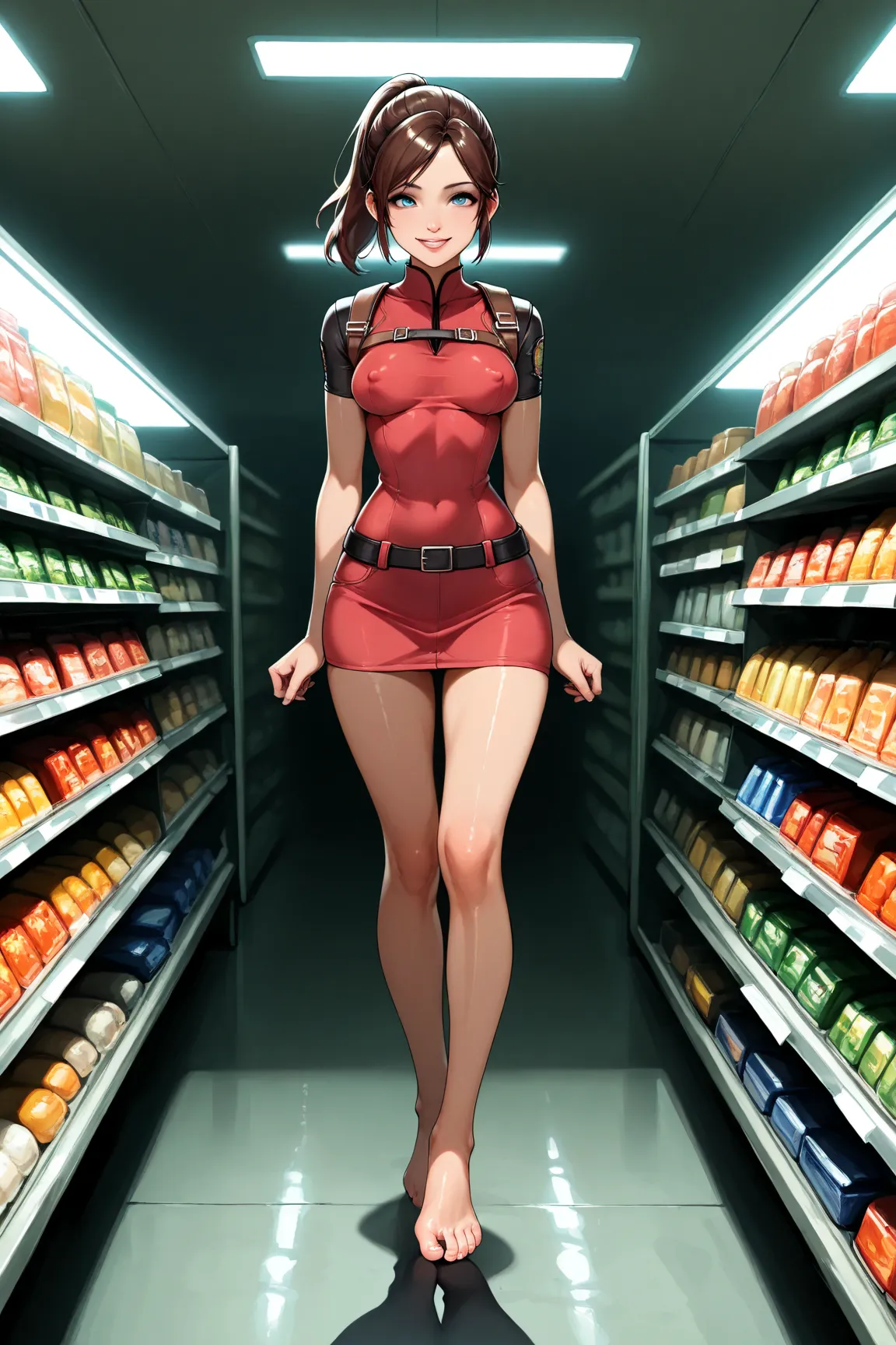 1 girl, solo, Highly detailed, anime, anime style, anime eyes, slender legs, thin waist, resident evil, deserted supermarket, normal sized body, shadows, sexy eyes, highly detailed eyes,, 8k, sexy face, small perky breasts, small tits, black outline, brigh...