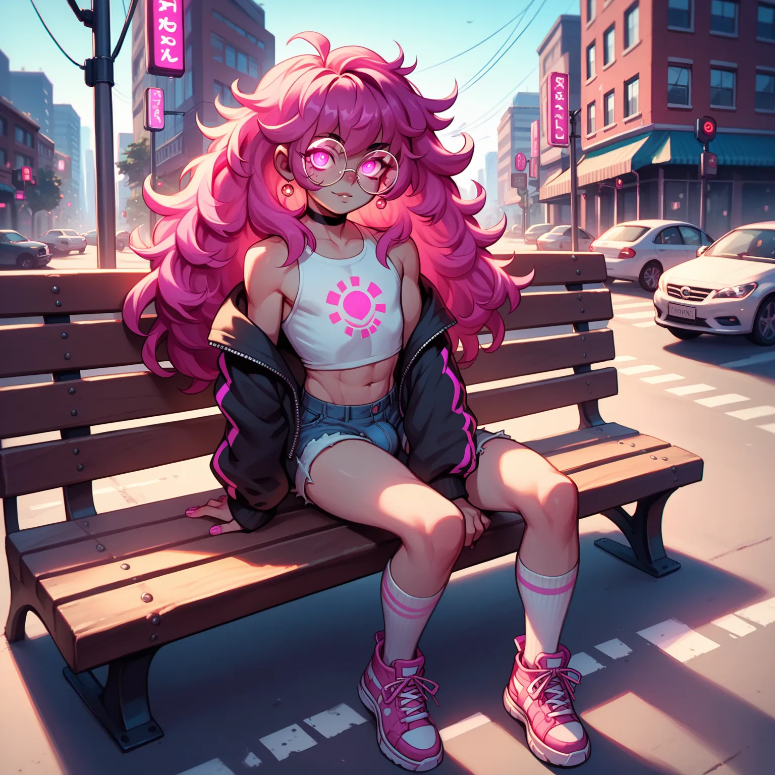 score_9, score_8_up, score_7_up, score_6_up, score_5_up, score_4_up, vibrant messy magenta hair, neon pink eyes, glowing eyes, round glasses, sitting on bench, city street, looking at viewer, femboy, feminine boy, long hair