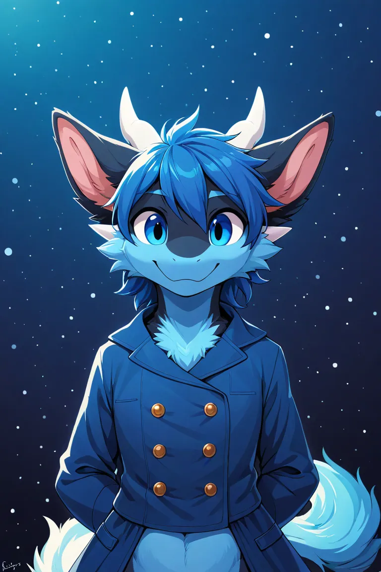 dragon, furry, black fur, blue fur inside the ears, blue eyes, Blue-breasted fur, blue stomach coat,  smile, a pair of horns, white horns, smooth horns, blue hair. Alone. fluffy, furred dragon